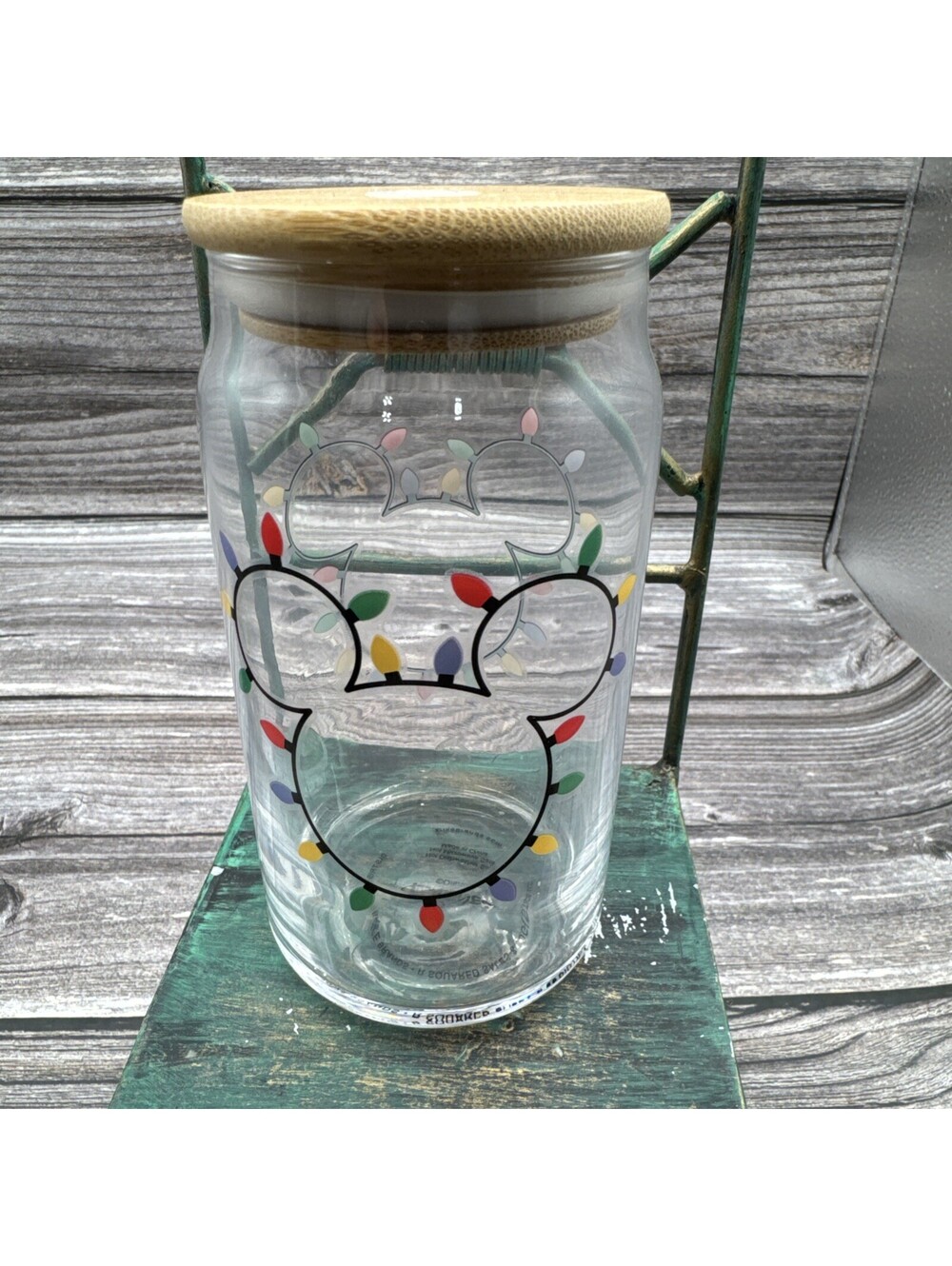 Rare Disney Clear Glass Can Cup Mickey Holiday Lights No Straw Collectible
